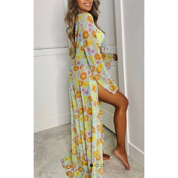 Savage X Fenty mesh floral print full length open drape maxi swim coverup - Picture 1 of 9